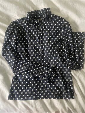 STINE GOYA Black Blouse with White Star Print and Blue Dot Accents